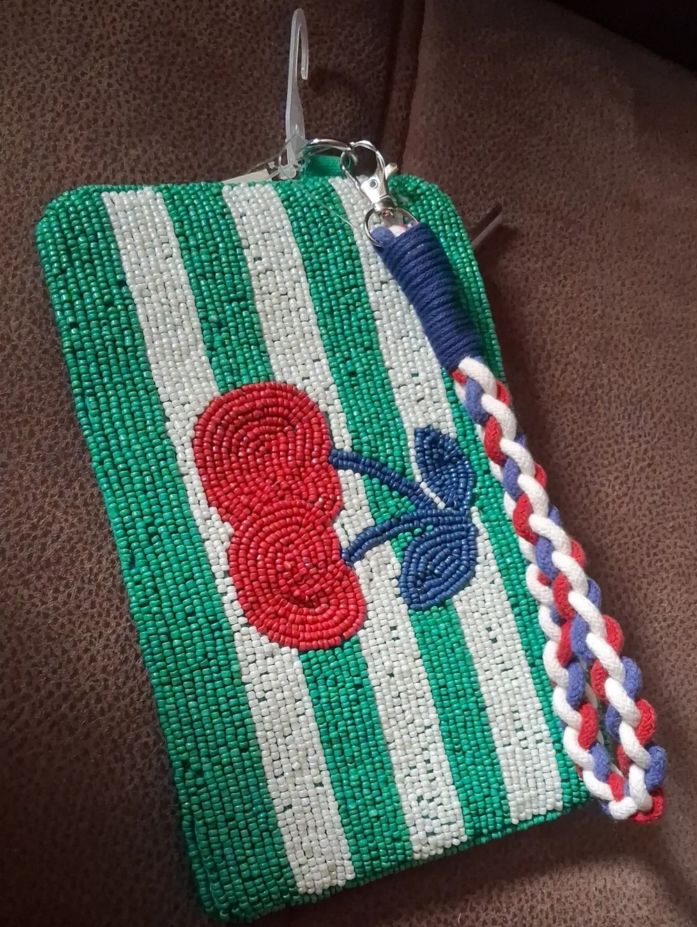 Beaded Green & White Stripe Cherry Wristlet Pouch - Women's Accessories